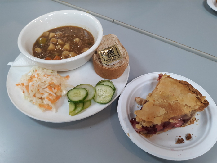 Beef Stew, Coleslaw, Cucumbers, Bread and Butter, Pie